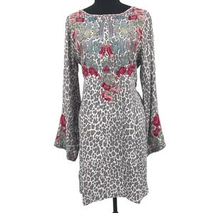Johnny‎ Was Biya Dress S Gray Leopard Floral Feather Embroidered Tunic Tie Waist